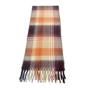 Vintage 1960s-70s Wool Plaid Fringe Scarf | Brown Orange Tan Plaid | 62x12